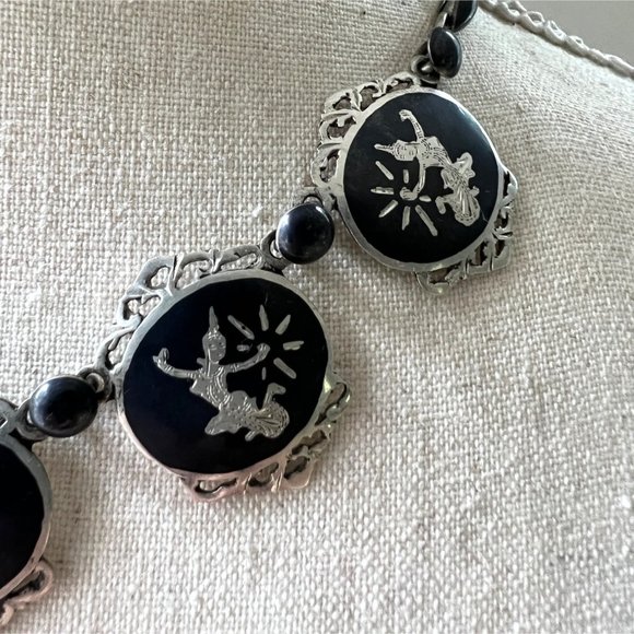 Vintage Ethnic Thai Siam Black Niello Sterling Silver Link Choker Necklace Dance - Picture 4 of 9